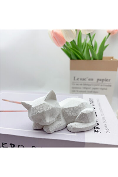 Choice قطة بيضاء لطيفة نائمة منخفضة المضلع، تمثال قطة مستلقية مطبوع ثلاثي الأ...