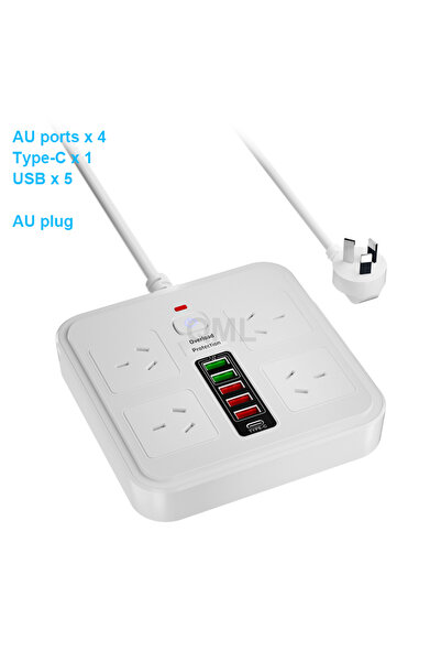 Choice قابس AU أبيض قابس AU 4 مخرج تيار متردد لوحة مقبس الطاقة الأسترالية 5 منافذ USB 1 منفذ Type-C سلك تمديد 2 متر