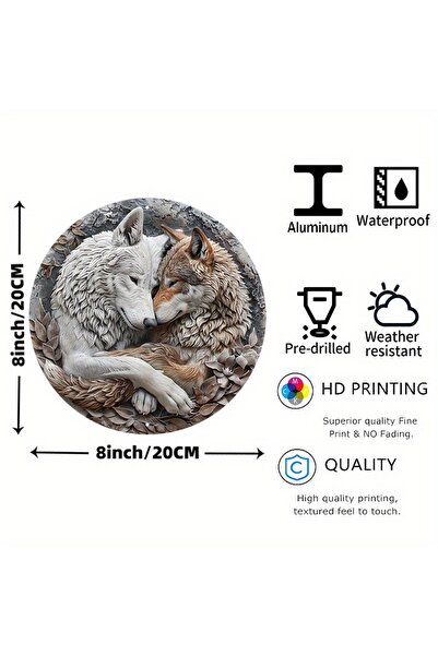 HELLOYOUNG لوحة جدارية معدنية لزوجين ذئبين TYA0340 - لافتة إكليل دائرية من ال...