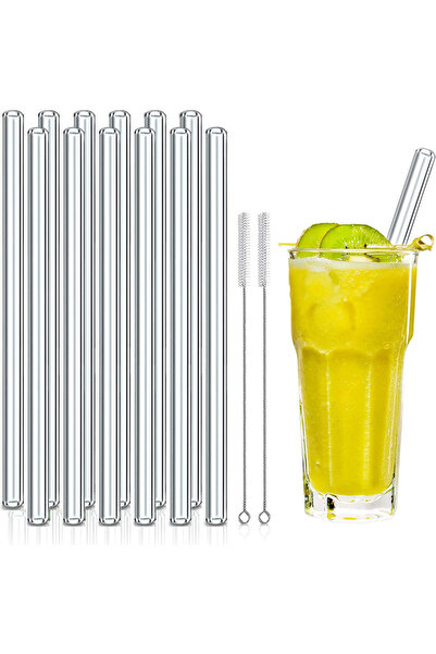 Choice مصاصات شرب زجاجية شفافة قابلة لإعادة الاستخدام، 200 مم، مصاصات شرب زجاجية مستقيمة، عبوة من 12 قطعة مع فرشتي تنظيف Smo