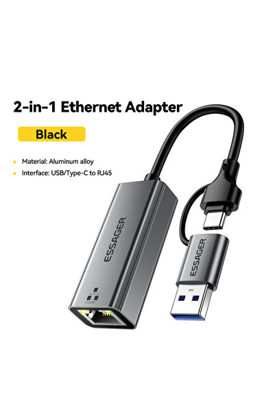 essager محول إيثرنت رمادي 2 في 1، بطاقة شبكة USB-A/Type-C إلى RJ45 بسرعة 1000...