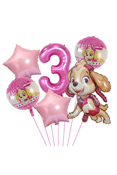 PAW PATROL مجموعة من 6 قطع، 32 بوصة، 3 بالونات وردية على شكل كلب تشيس سكاي، ز...