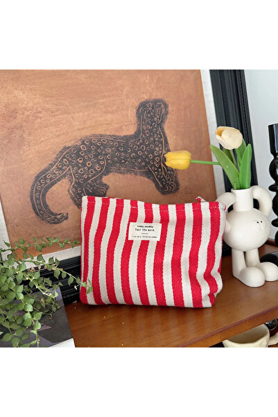 Choice حقيبة مستحضرات تجميل مخططة حمراء مقاومة للماء للنساء، حقيبة مستحضرات ت...