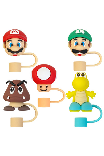 Miniso 5 قطع 5 قطع غطاء ماصة ثلاثي الأبعاد للعبة ماريو لأغطية أكواب الشرب القابلة لإعادة الاستخدام، غطاء غبار زجاجي، ملحقات أكواب الشرب، ماصة