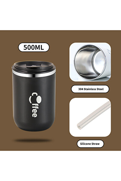 Choice كوب قهوة من الفولاذ المقاوم للصدأ 304 أسود اللون سعة 500 مل مع ماصة وغ...