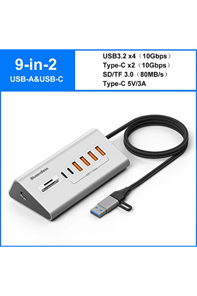 Kebidumei 9-in-2 10Gbps 10Gbps USB 3.2 Docking Station USB Hub Type C Splitter with Card Reader Aluminum Alloy