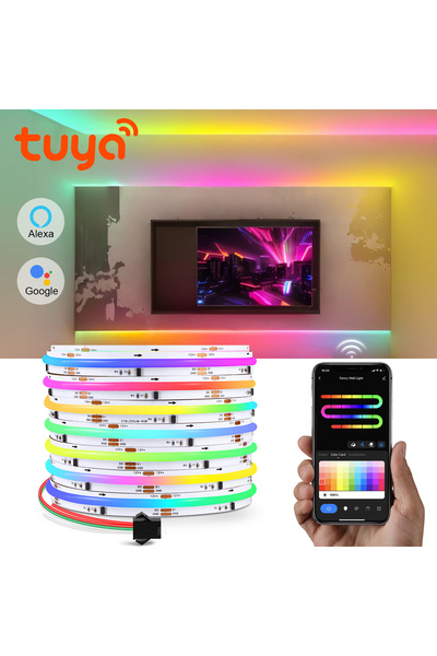 Choice شريط إضاءة LED RGBIC COB LED من Tuya RGBIC بطول 2 متر مع قابس طاقة أوروبي، شريط إضاءة LED RGB COB 12 فولت، 1 متر، 2 متر، 3 متر، 5 متر، واي فاي