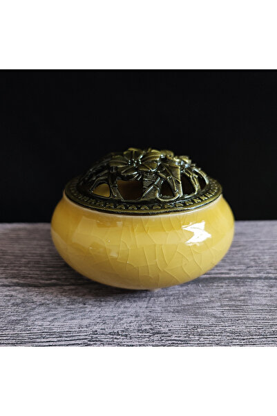 Choice Ice cracks-yellow Ceramic Ice Crack Coil Incense Burner with Copper Cover, Colorful Antique Alloy In