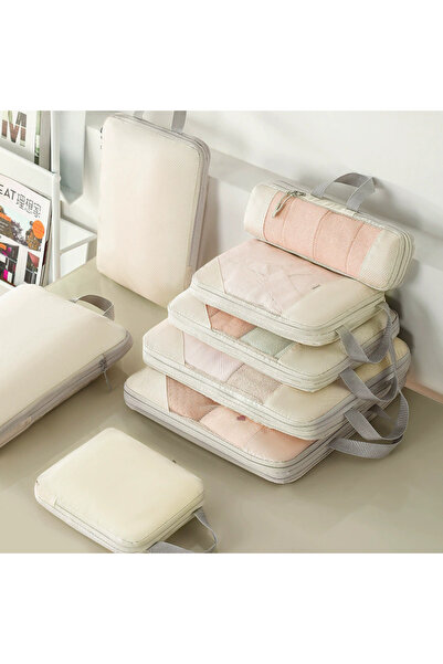 Choice حقيبة تخزين للسفر من 5 قطع باللون البيج مع حقيبة تخزين مضغوطة شبكية لت...