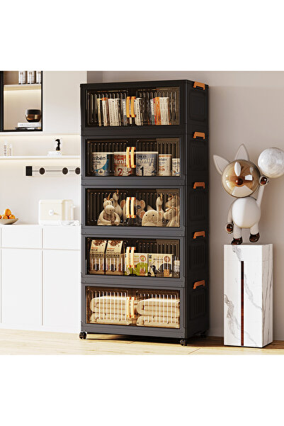 Generic 5-Tier 50cm Wide Black Plastic Storage Cabinet with Wheels & Handles