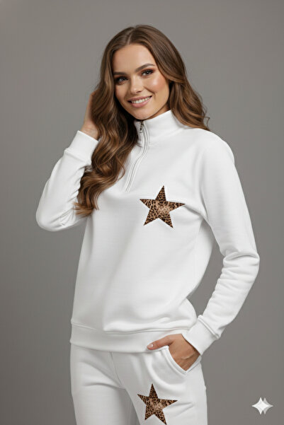 LiyAdaCo White Half Zippered Starz Star Leopard Printed Bottom Top Tracksuit Set