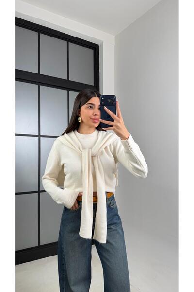 Gaus Cream Shawl Detailed Knitwear Sweater Gaus-00862