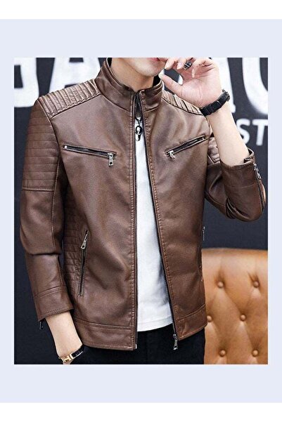 Generic Long Sleeves Leather Jacket Brown