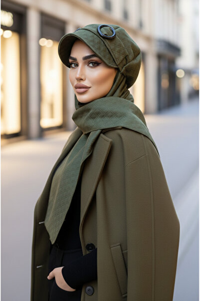 Aişe tesettür Haki Kapitone Tokalı Tesettür Şapka