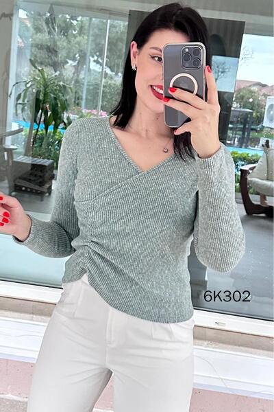 İnce Topuk Drawstring Ribbed Knit Yumoş Blouse 6K302