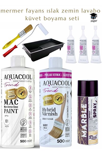 Aquacool Trend beyaz mermer fayans ıslak zemin lavabo boyama seti Altın Mermer efekti 500 ml vernik ve boya