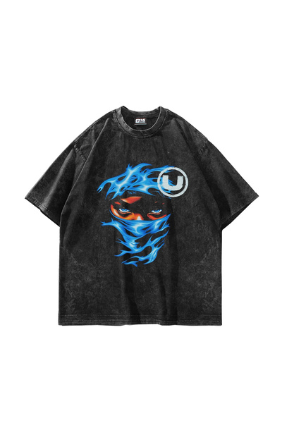 Sekizbiraltı Blue Flame Printed Oversized Unisex Washable Black Tshirt