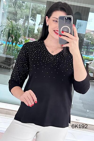 İnce Topuk V-Neck Stone Detail Modal Blouse 6K192
