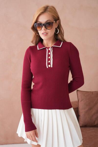 TRİNİTY Women's College Collar Corded Fabric Knitwear Sweater