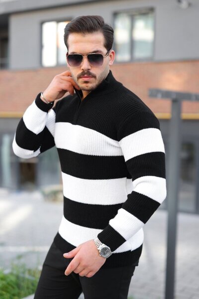 Giyimodam Men's Stripe Color Patterned Zip Collar Sweater