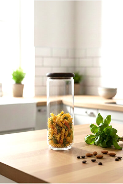 FH finehome Dengi Acacia Flat Lid Glass Jar 9X25Cm