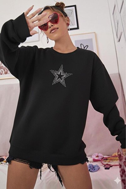 NO 601 Hanorac fără glugă Black Stone Star cu imprimeu pentru femei