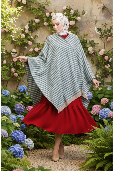 sefamerve Poncho Shoulder Shawl 2065-01 Green