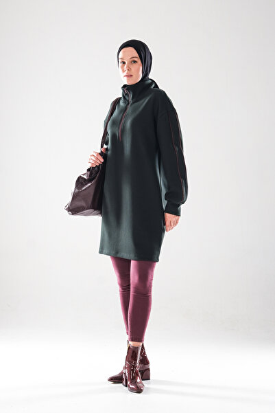 Plistre 2297_فستان نسائي بسحاب ياقة مرتفعة متوسطة الطول Ara تفاصيل أسطوانية ت...