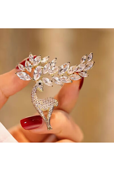 MAURA LIYUZA Vintage Noel / Yılbaşı Temalı Zirkon Kristal Taşlı Lüks Tasarım Geyik Broş
