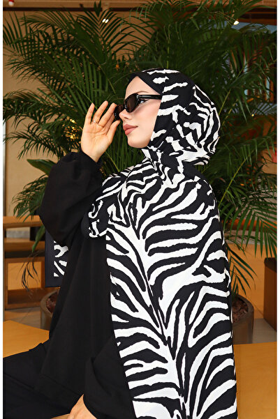 sefamerve Zebra Patterned Capri Shawl 70348-01 Black Ecru
