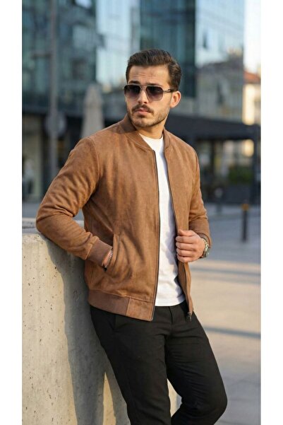 buğrahayalin Men's Scuba Suede Fabric Bomber Cardigan