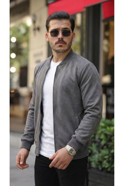 JANES Men's Scuba Suede Fabric Bomber Cardigan