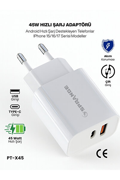 SPRANGE iphone IPAD 15 16 17 15 16 17 Pro 15 16 17 Plus 15 16 17 Pro Max Uyumlu 45W Type-C PD USB-A Şarj