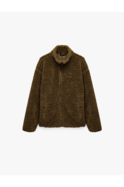 Koton Mock Neck Plush Jacket with Long Sleeves and Zippered Pockets