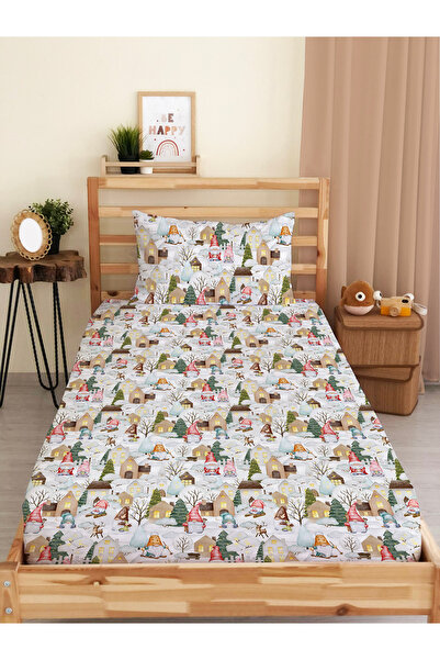 Evmila Christmas and Snow Patterned Single Digital Printed Elastic Sheet Set (Cotton) – 100X200Cm