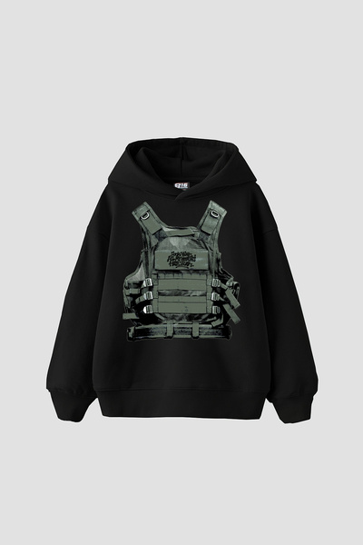 Sekizbiraltı War Printed Oversized Unisex Black Hoodie