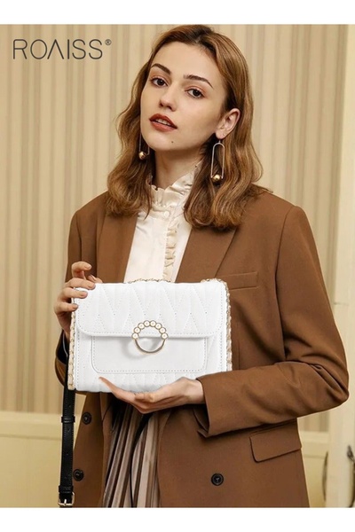 ROAISS White Sweet Pearl Decor Shoulder Crossbody Square Bag Stylish Casual F...