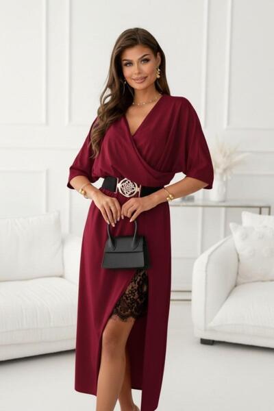 Mossta Kruvaze Yaka Yandan Dantelli Midi İthal Krep Elbise - Bordo