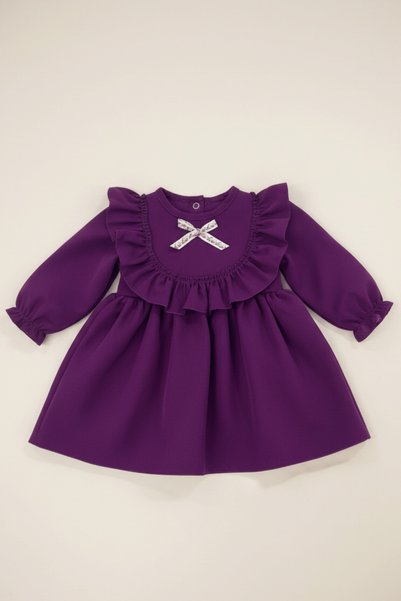Bertuğ Bebek Ruffle and Ribbon Detailed Purple Crepe Baby Girl Dress