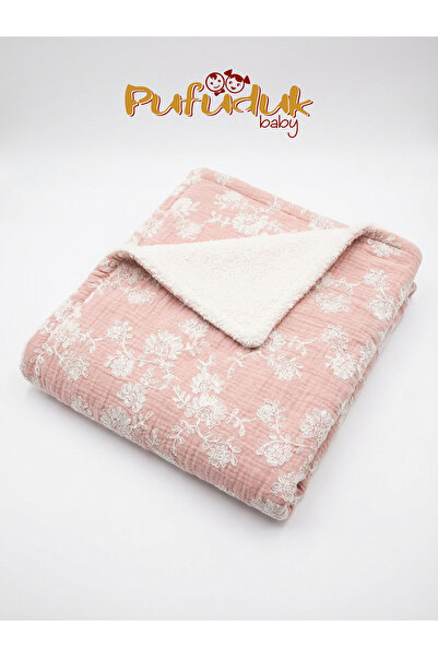 Pufuduk Baby بطانية أطفال فاخرة من الموسلين مطرزة ومبطنة بالفرو