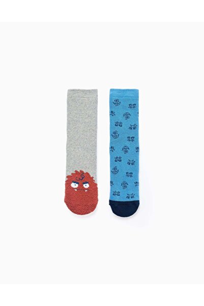 Ziddy Pack 2 Pairs of Non-slip Socks for Boys 'Monsters', Blue/Grey
