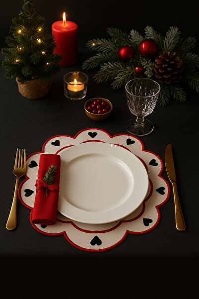 EvA Tasarım Kalp Desenli Özel Seri Nakışlı Tabak Altlığı 2 Adet