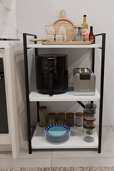 Steel Design 3 Katlı Metal Ahşap Mutfak Rafı ,Çok Amaçlı Mutfak Organizer Raf ,Kahve Köşesi Mutfak Dolabı Beyaz