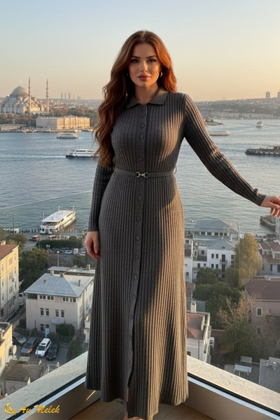 AYMELEK فستان تريكو نسائي بياقة بولو وأزرار وتفاصيل حزام