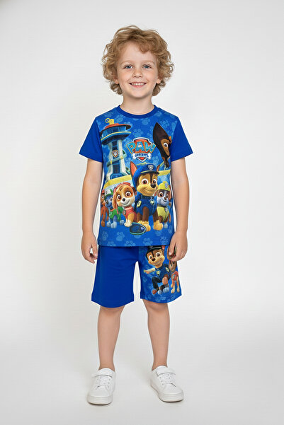 Erkek Çocuk Paw Patrol Baskılı Mavi Kısa Kollu Tişört ve Şortlu Pamuklu İkili Takım