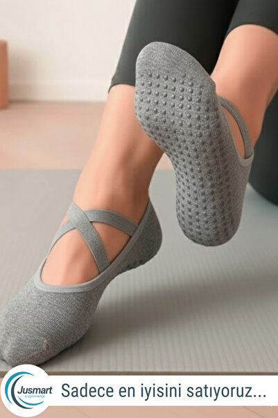 Jusmart Gri Kadın Babet Çorap ◆ Pamuklu Kaymaz Silikon Taban ◆ Yoga Pilates T...