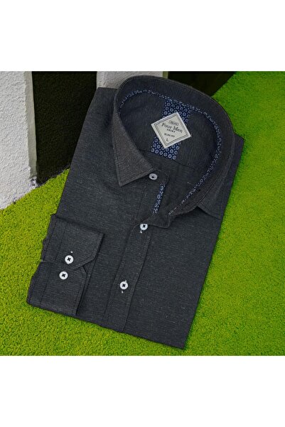 OwenLife قميص من قماش بيتكلي قصة ضيقة من أوين لايف، ياقة قميص، أزرار من الأسفل