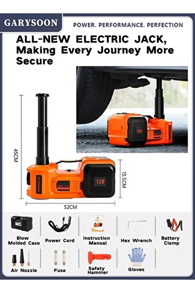 Garysoon رافعة سيارة هيدروليكية كهربائية ١٢ فولت، ٥ أطنان، مزودة بمضخة هواء وإضاءة LED، ارتفاع ٤٥٠ مم، مجموعة أدوات ٣ في ١