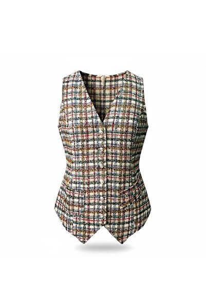 Eight Fashion Women's Tweed Multi-Colored Buttoned Belted Asymmetrical Lined Vest