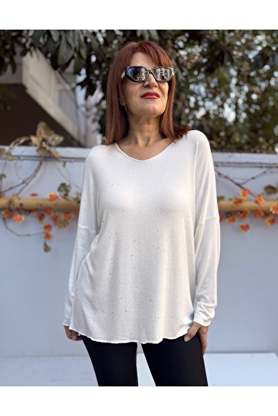 DenizEge Tricotaj cu textura moale cu sclipici Ecru